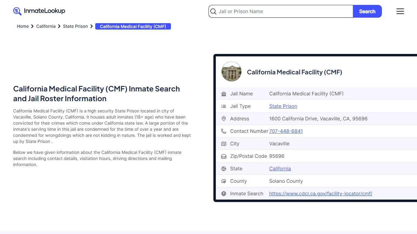 California Medical Facility (CMF) Inmate Search, Jail Roster, Bookings ...