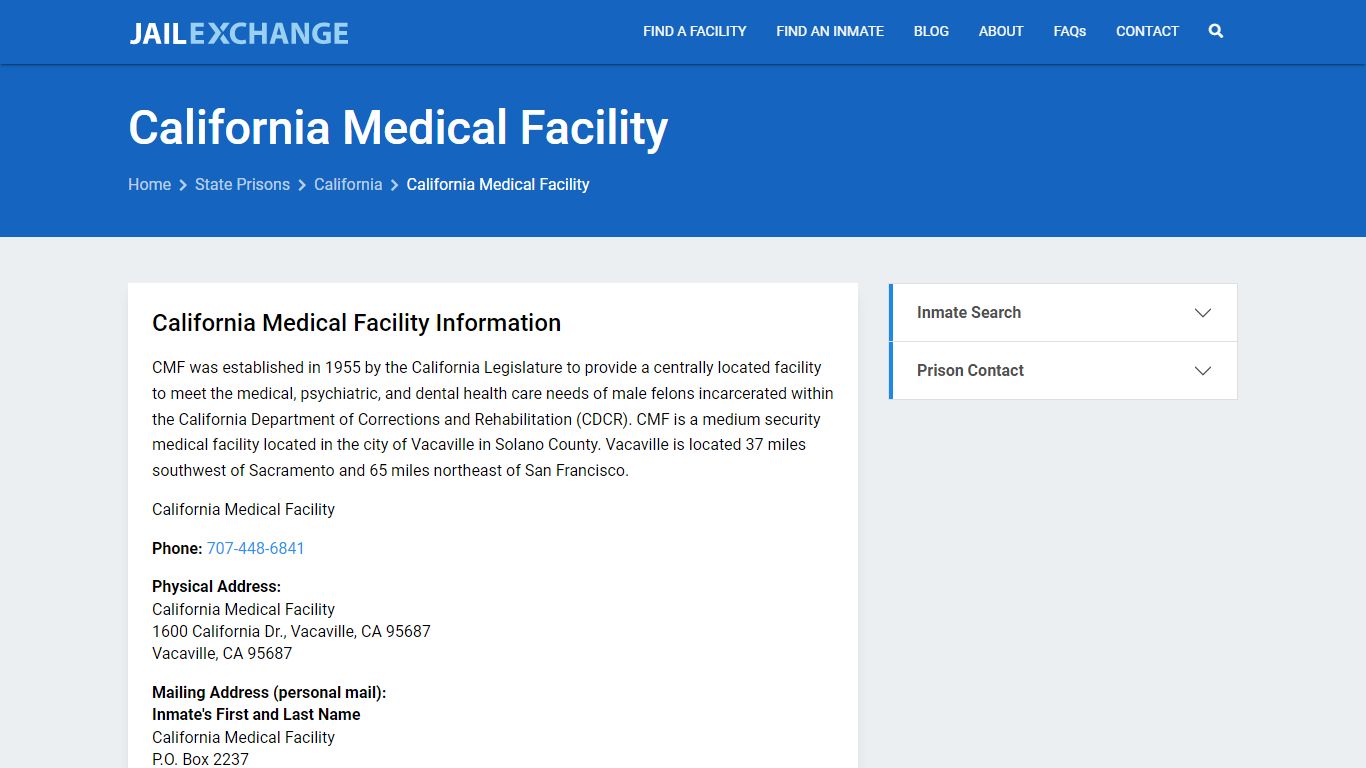 California Medical Facility Prisoner Search - Jail Exchange